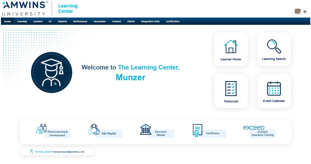 Amwins University Learning Center homepage after redesign