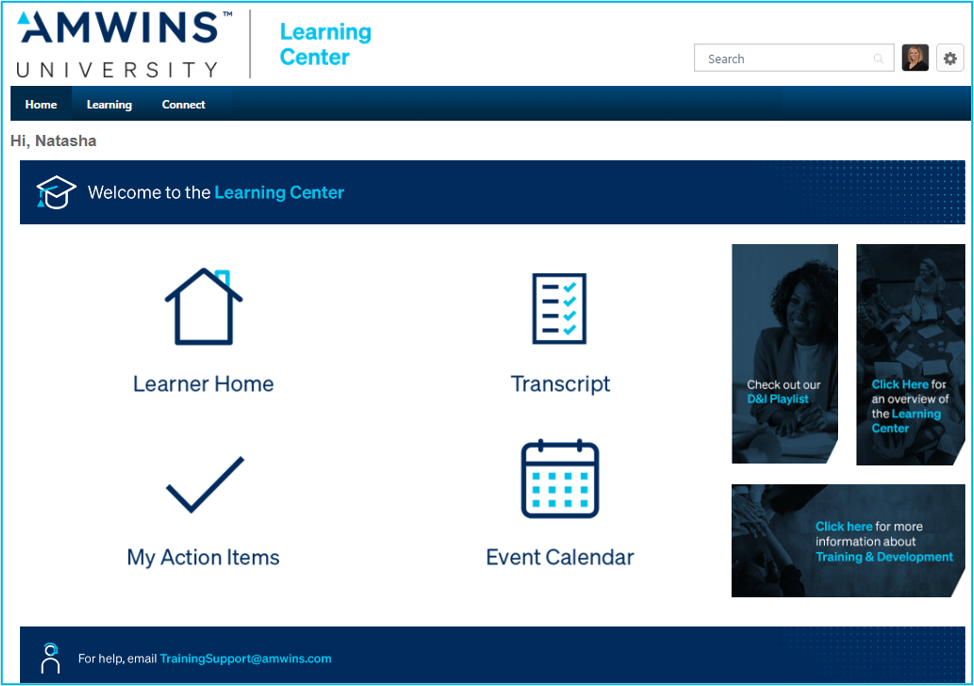Amwins University Learning Center homepage before redesign