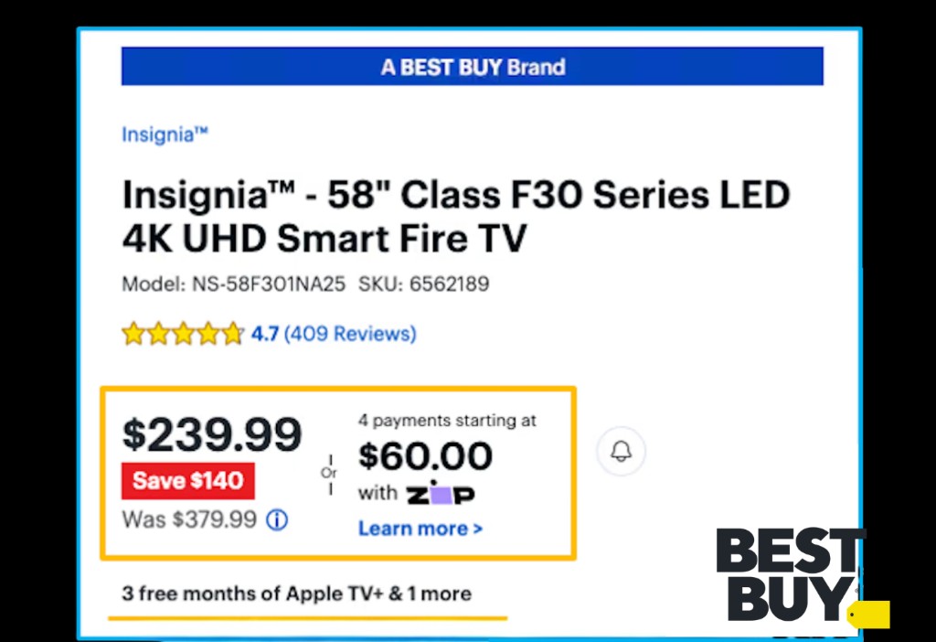 Best Buy PDP price area: $239.99 with red &lsquo;Save $140&rsquo; badge, &lsquo;Was $379.99&rsquo;, and 4-payment financing with Zip.
