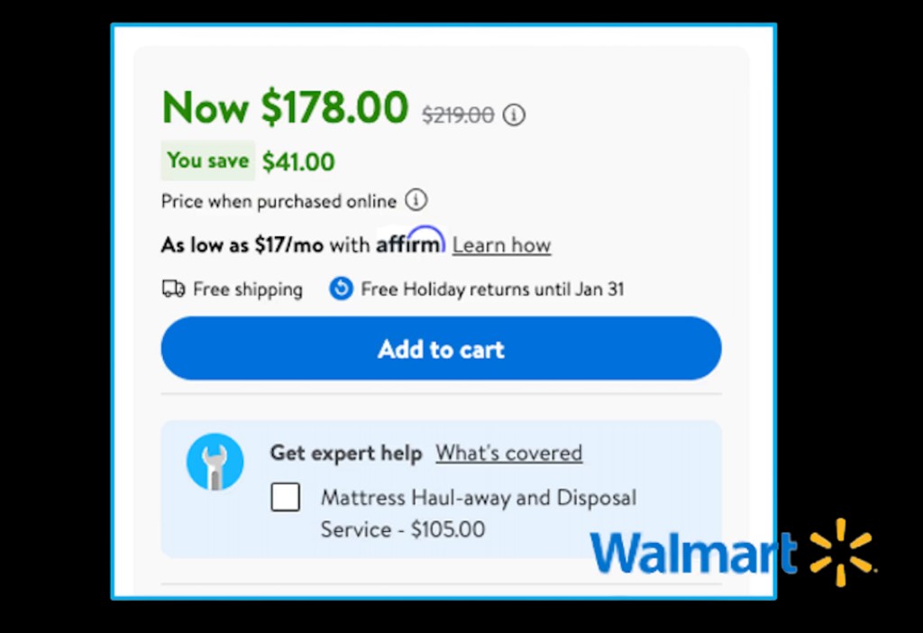 Walmart PDP price area: green &lsquo;Now $178.00&rsquo; with strikethrough $219.00 and a green &lsquo;You save $41.00&rsquo; pill.