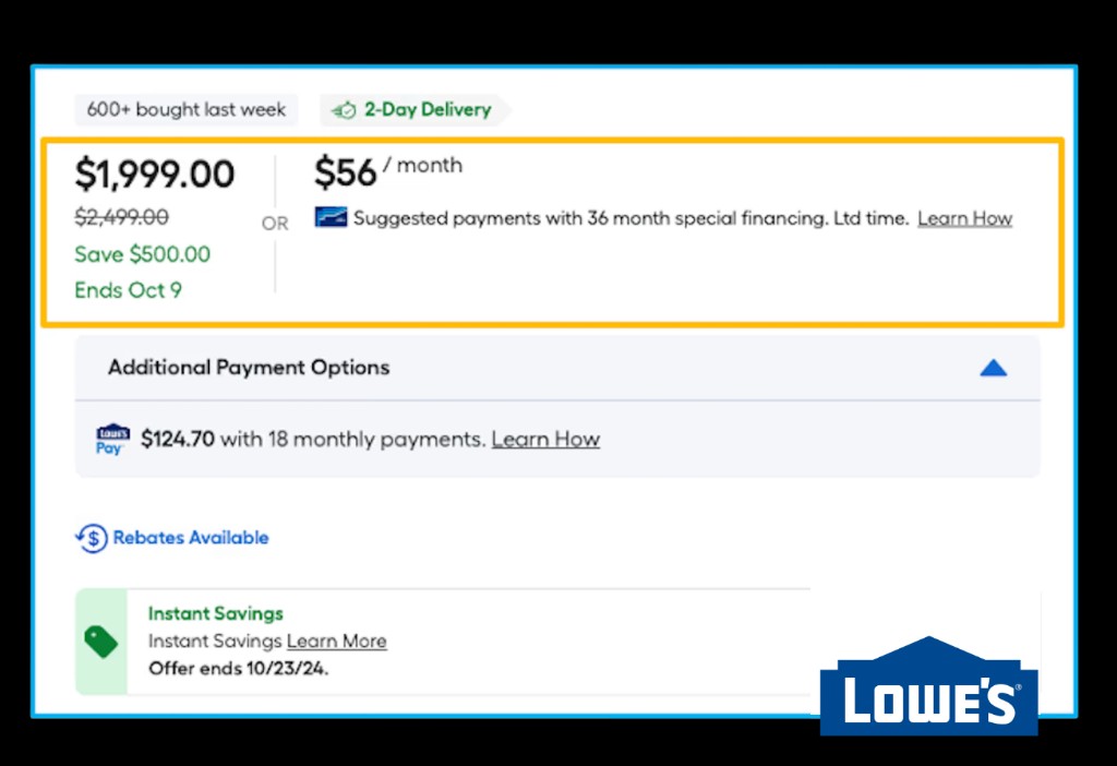 Lowe&rsquo;s PDP price area: $1,999.00 with strikethrough $2,499.00, &lsquo;Save $500.00&rsquo;, monthly financing, additional payment options, rebates, and instant savings.