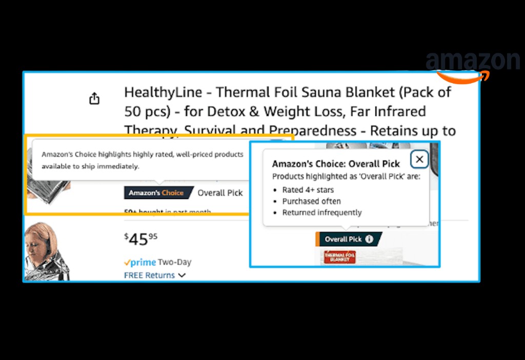 Amazon PDP showing &lsquo;Amazon&rsquo;s Choice&rsquo; and &lsquo;Overall Pick&rsquo; trust labels with an explainer tooltip listing rated 4+ stars, purchased often, returned infrequently.