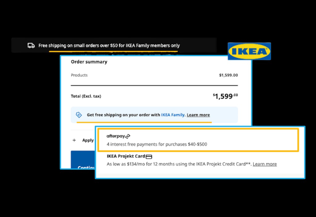 IKEA cart: &lsquo;Free shipping on small orders over $50 for IKEA Family members only&rsquo;, $1,599 total, with Afterpay 4 interest-free payments and IKEA Projekt Card financing options.