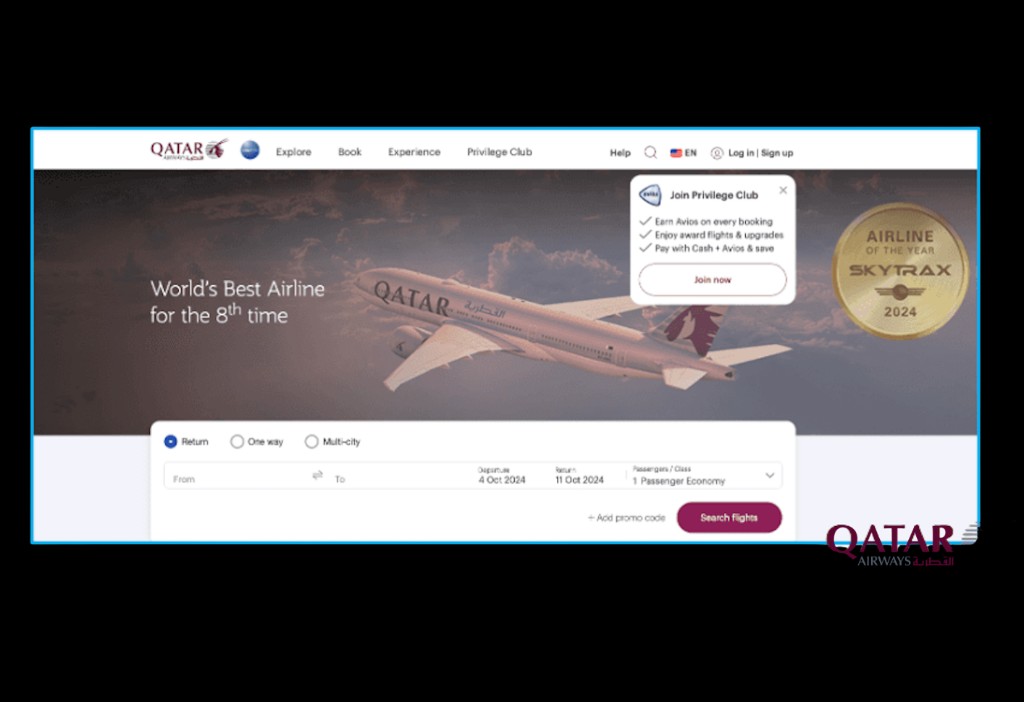 Qatar Airways homepage: hero copy &lsquo;World&rsquo;s Best Airline for the 8th time&rsquo;, a Skytrax Airline of the Year 2024 medallion, and a Privilege Club join card with three benefits.