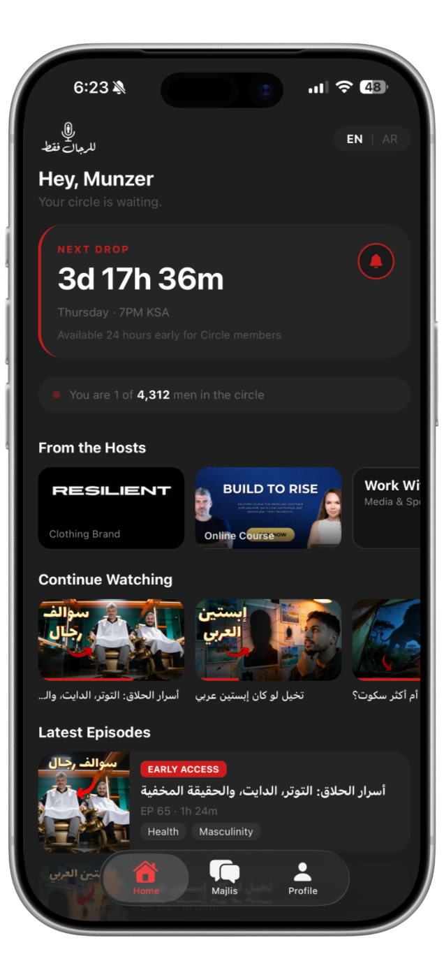 Men Only Podcast home screen with next drop countdown on iPhone