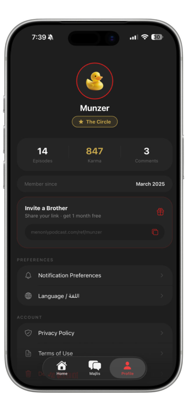 Profile, stats, and settings