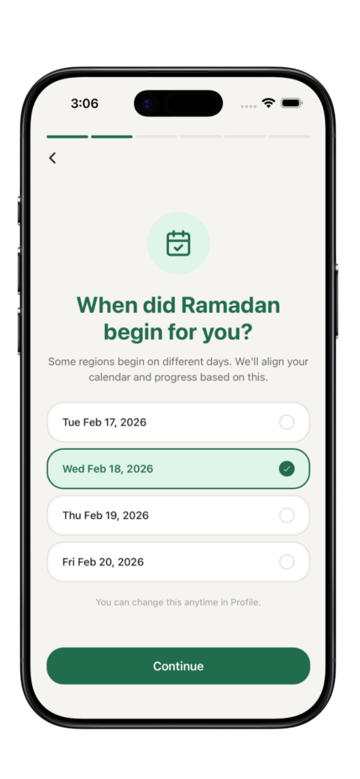 Onboarding screen: When did Ramadan begin for you, with four date options