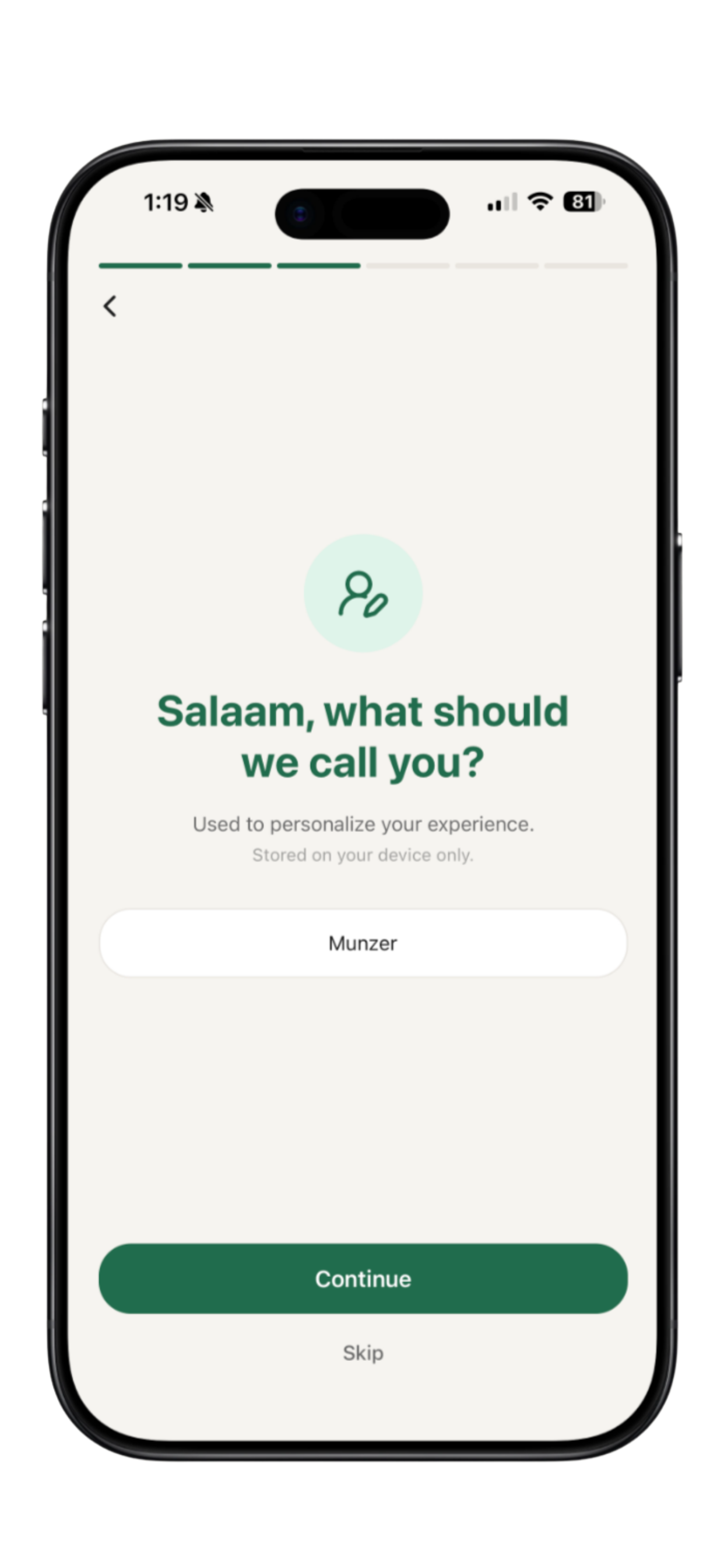 Onboarding screen: Salaam, what should we call you, with a name input and Continue or Skip