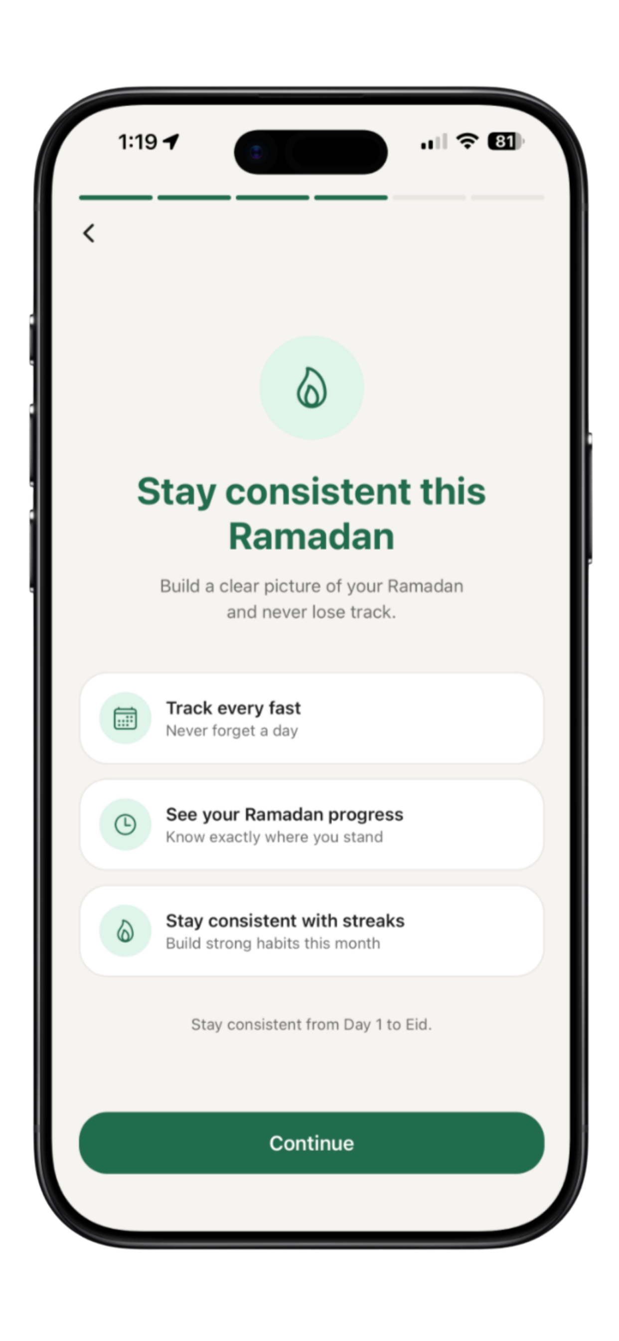 Onboarding screen: Stay consistent this Ramadan with three core features