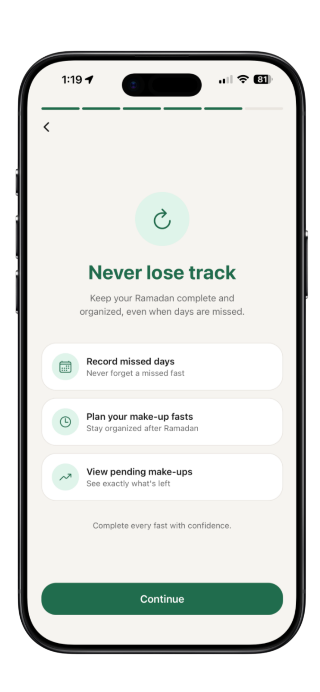Onboarding screen: Never lose track, record missed days, plan make-ups, view pending