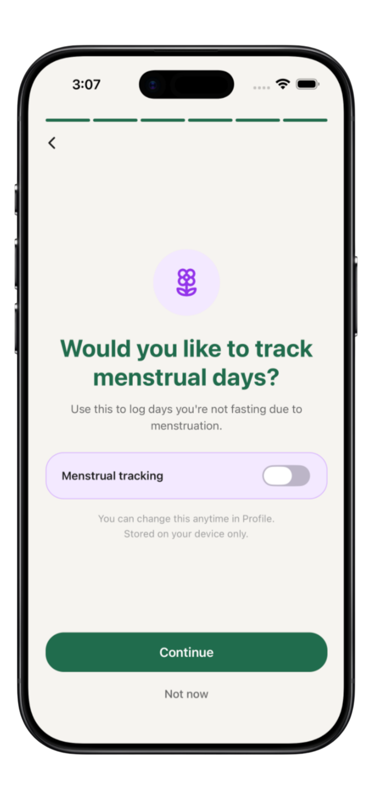 Onboarding screen: Would you like to track menstrual days, with an opt-in toggle
