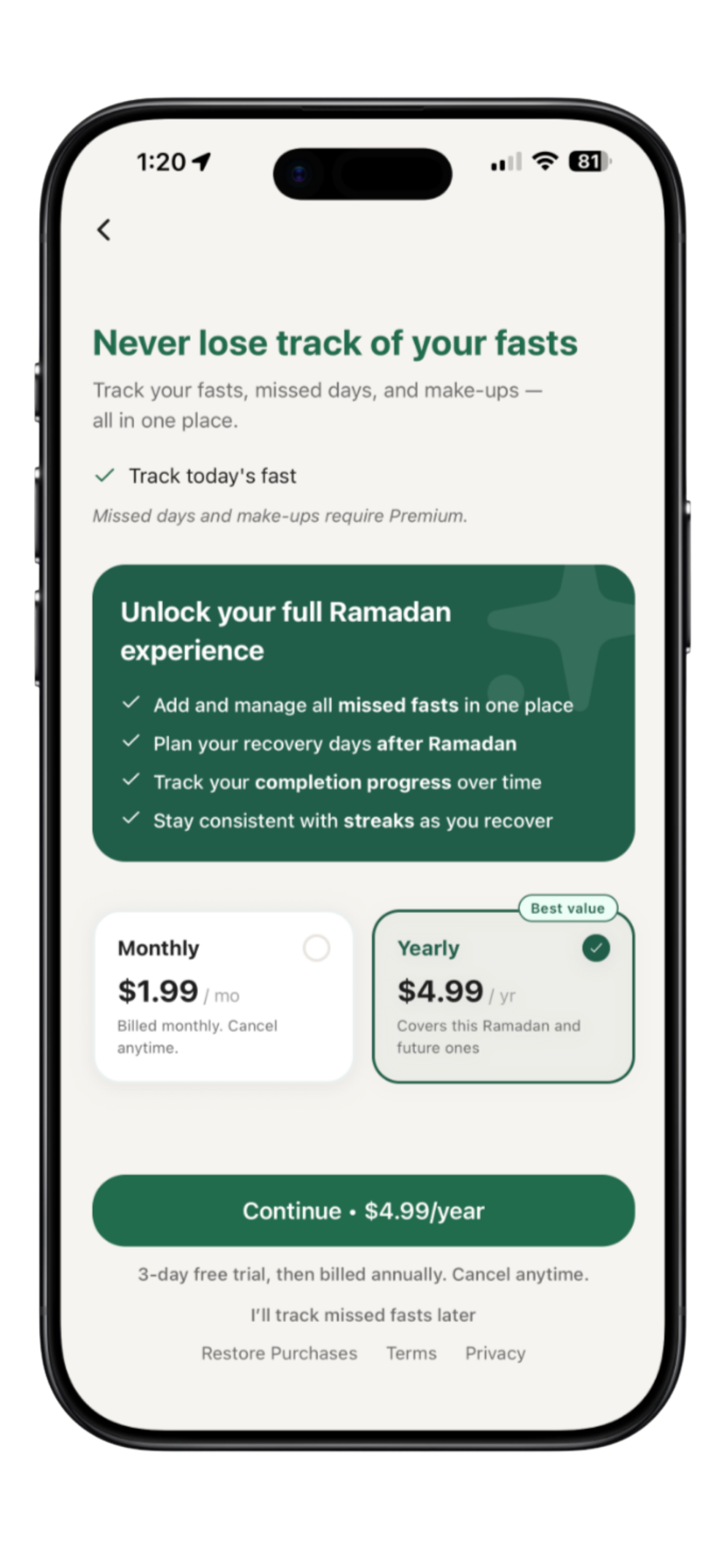 Onboarding screen: Paywall with monthly 1.99 and yearly 4.99 Premium options and a 3 day free trial