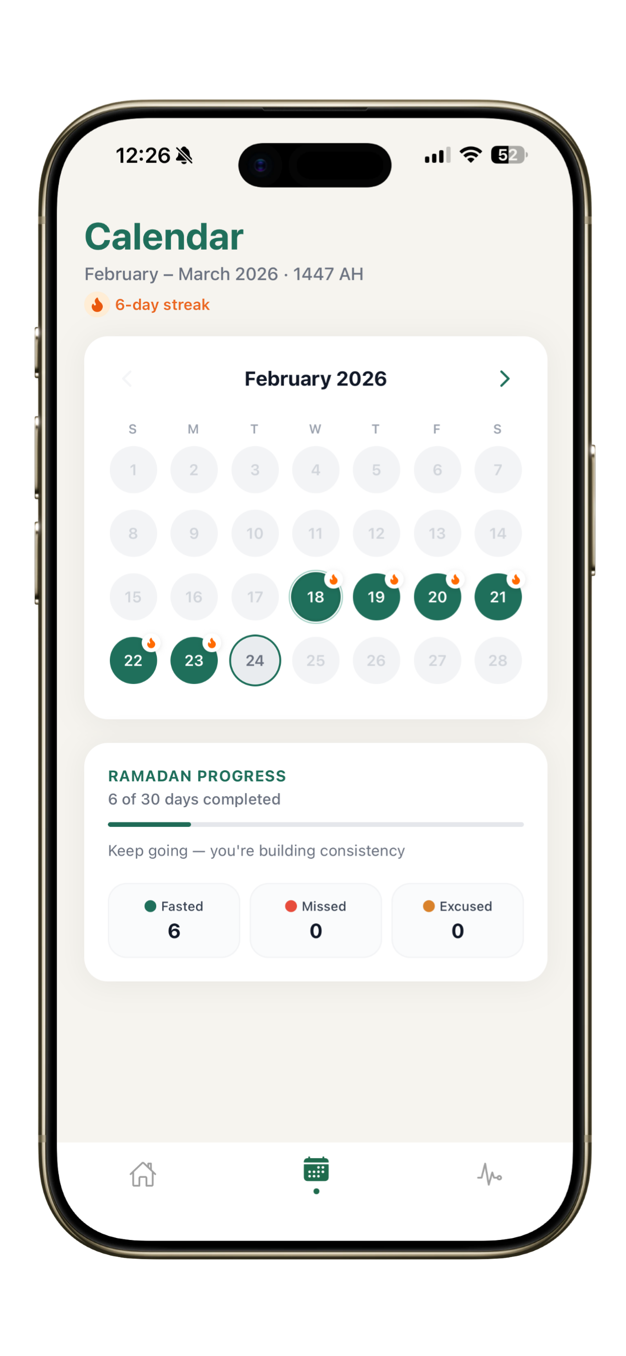 Calendar tab with February 2026, fasted days highlighted, six day streak, and a Ramadan progress bar