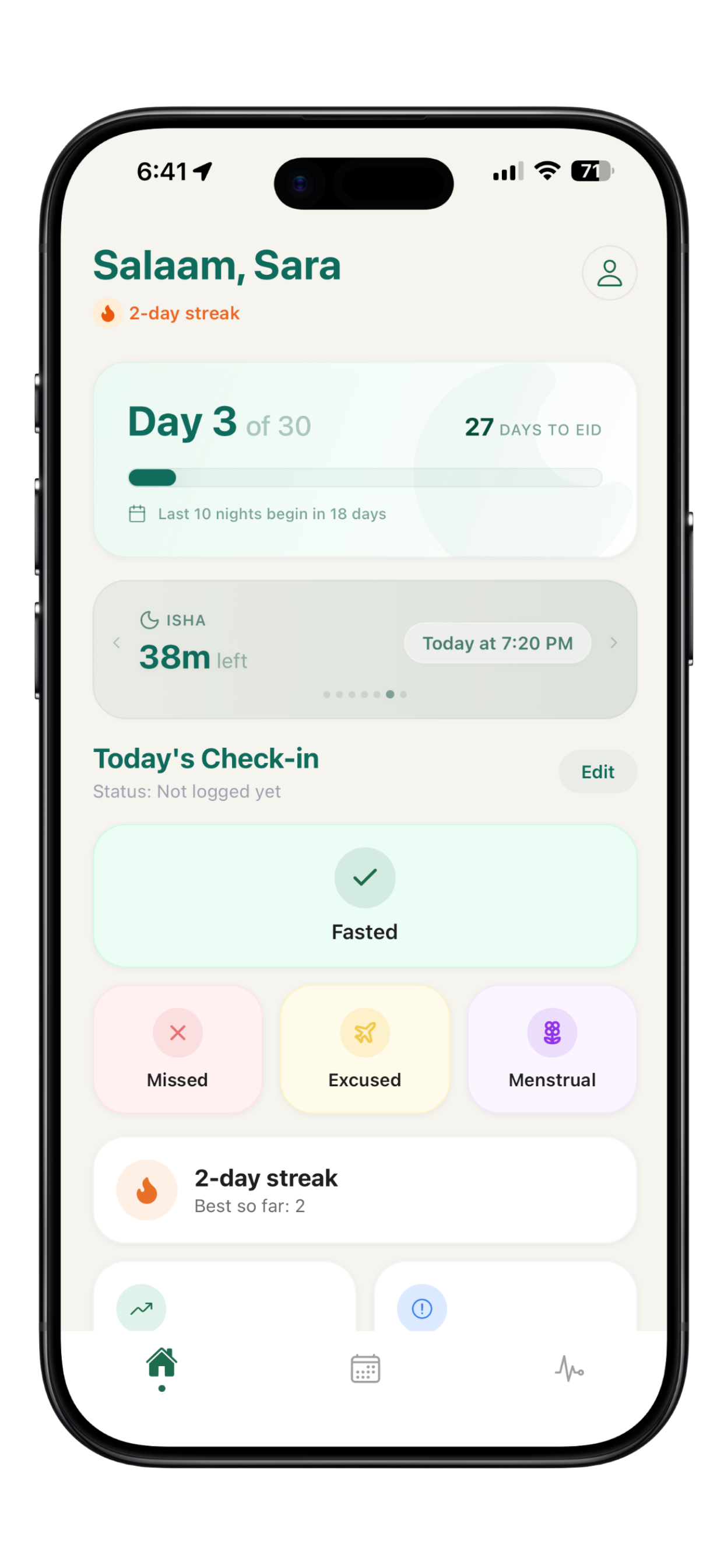 Thabit home screen with Day 3 of 30, streak, Isha countdown, and today's four-status check-in