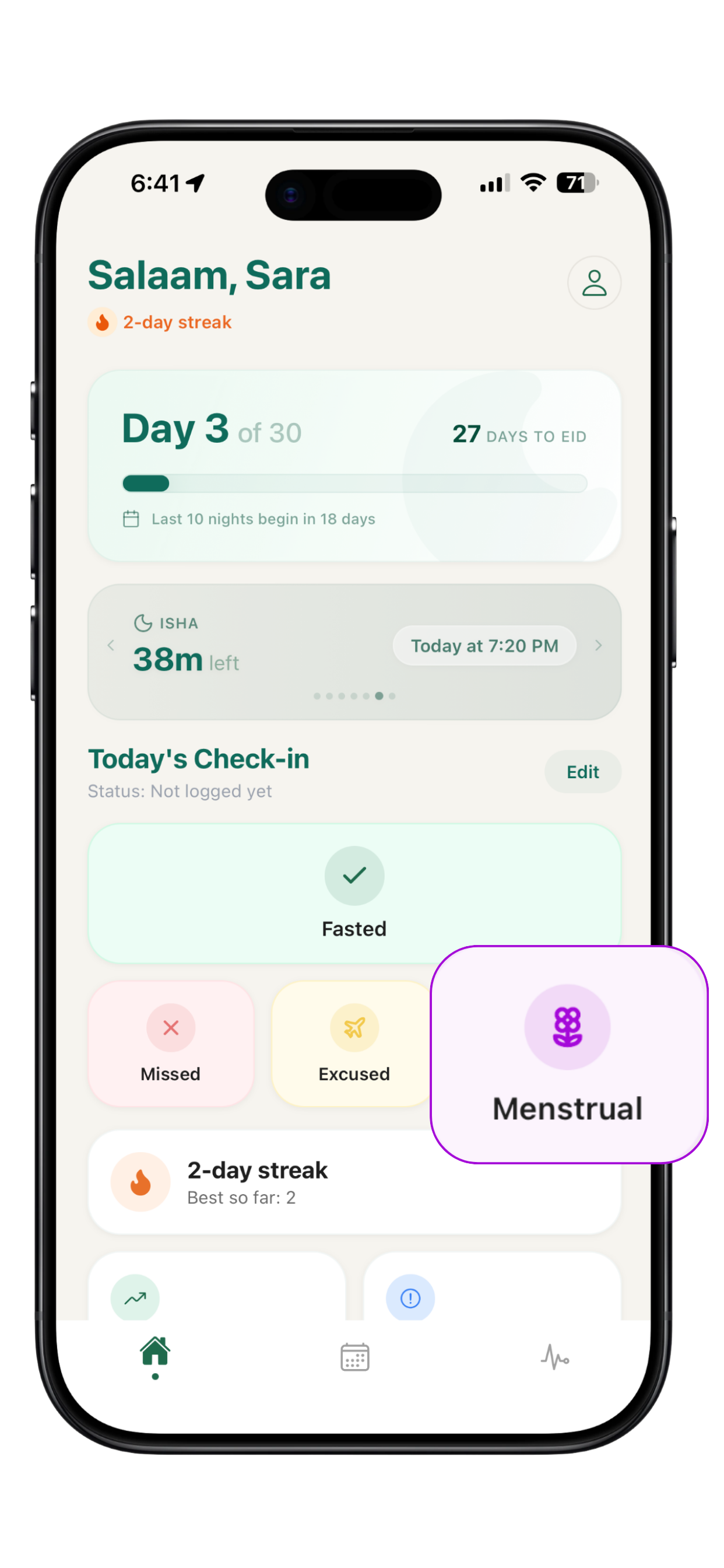 Home screen with four statuses including a highlighted Menstrual option added after user research