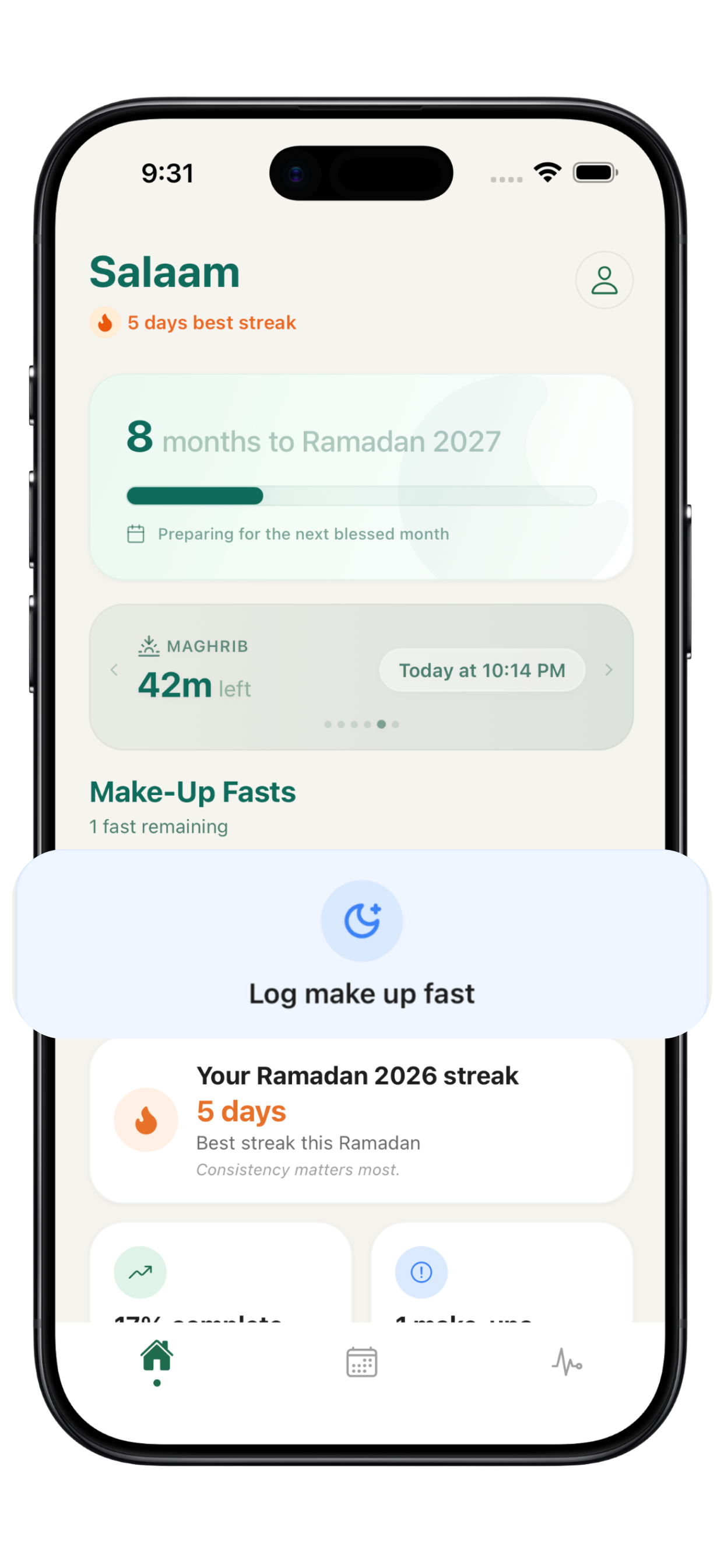 Post-Eid home with Log Make-Up Fast action, 8 months to Ramadan 2027, and current streak