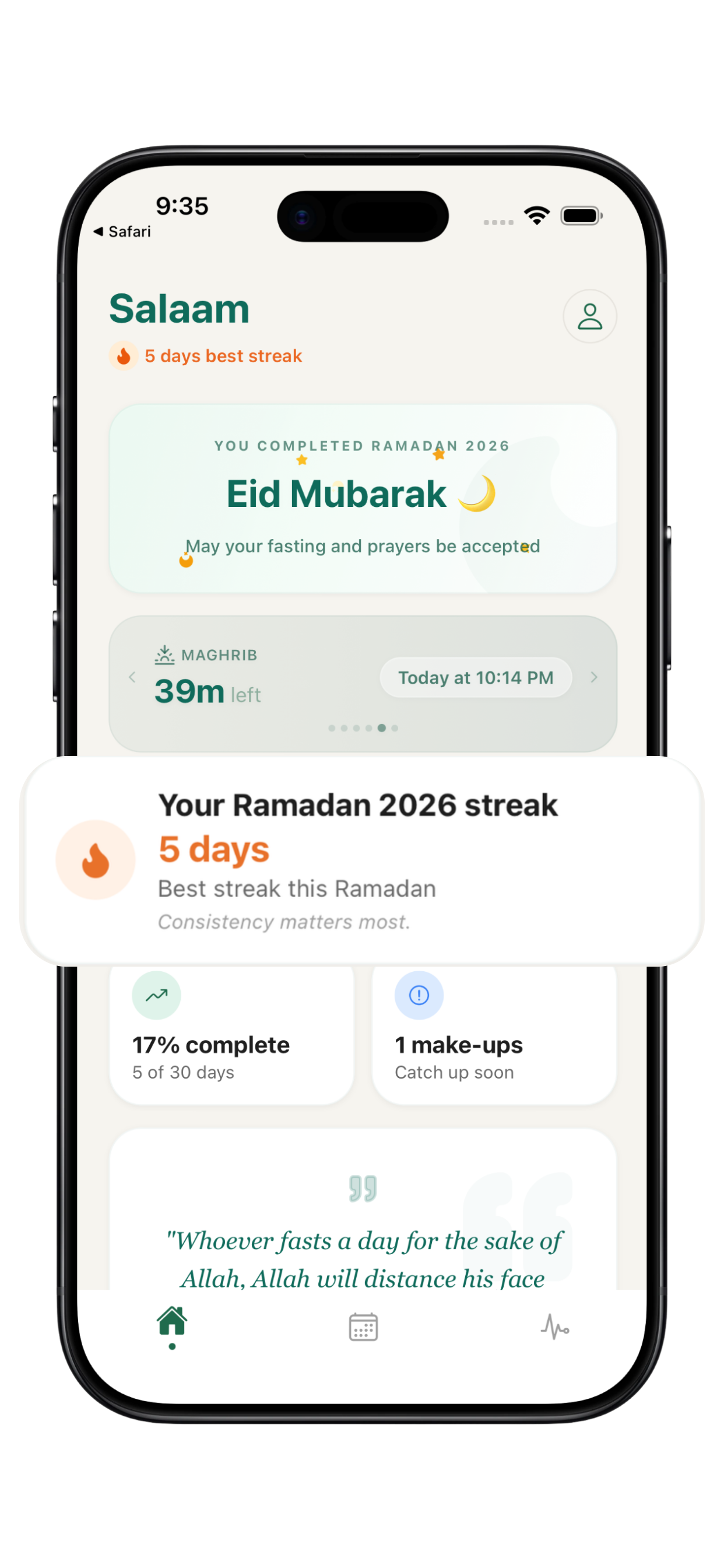 Eid Mubarak celebration card with final streak, 17 percent complete, and one make-up remaining