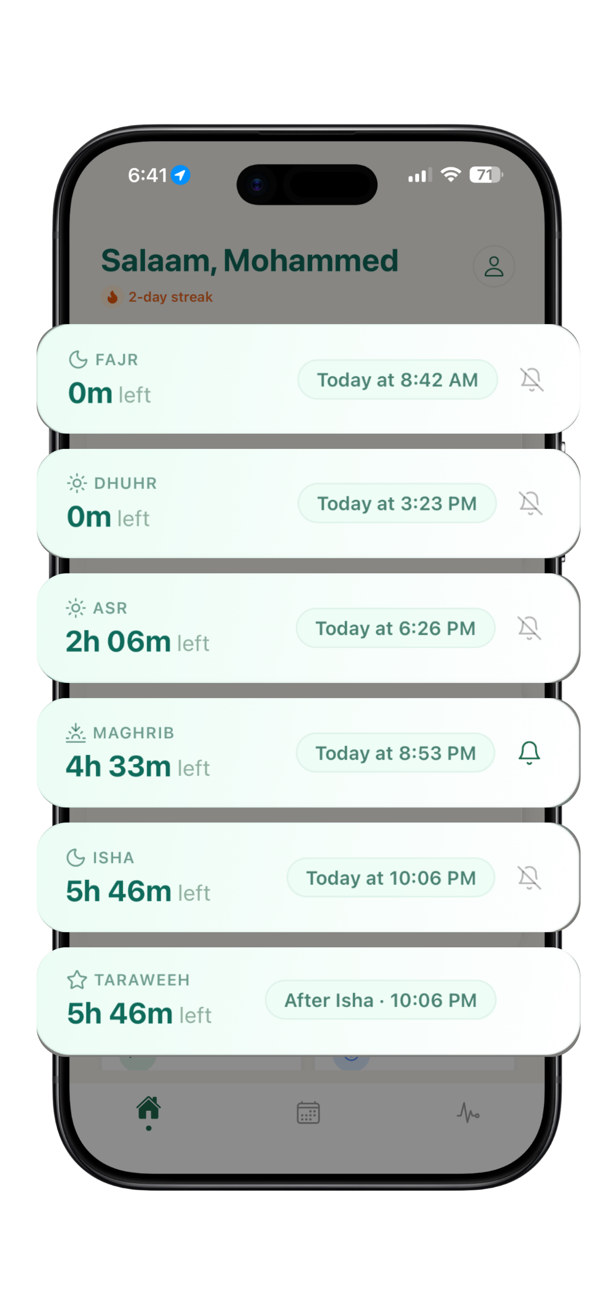 Prayer times list with Fajr, Dhuhr, Asr, Maghrib, Isha, and Taraweeh countdowns