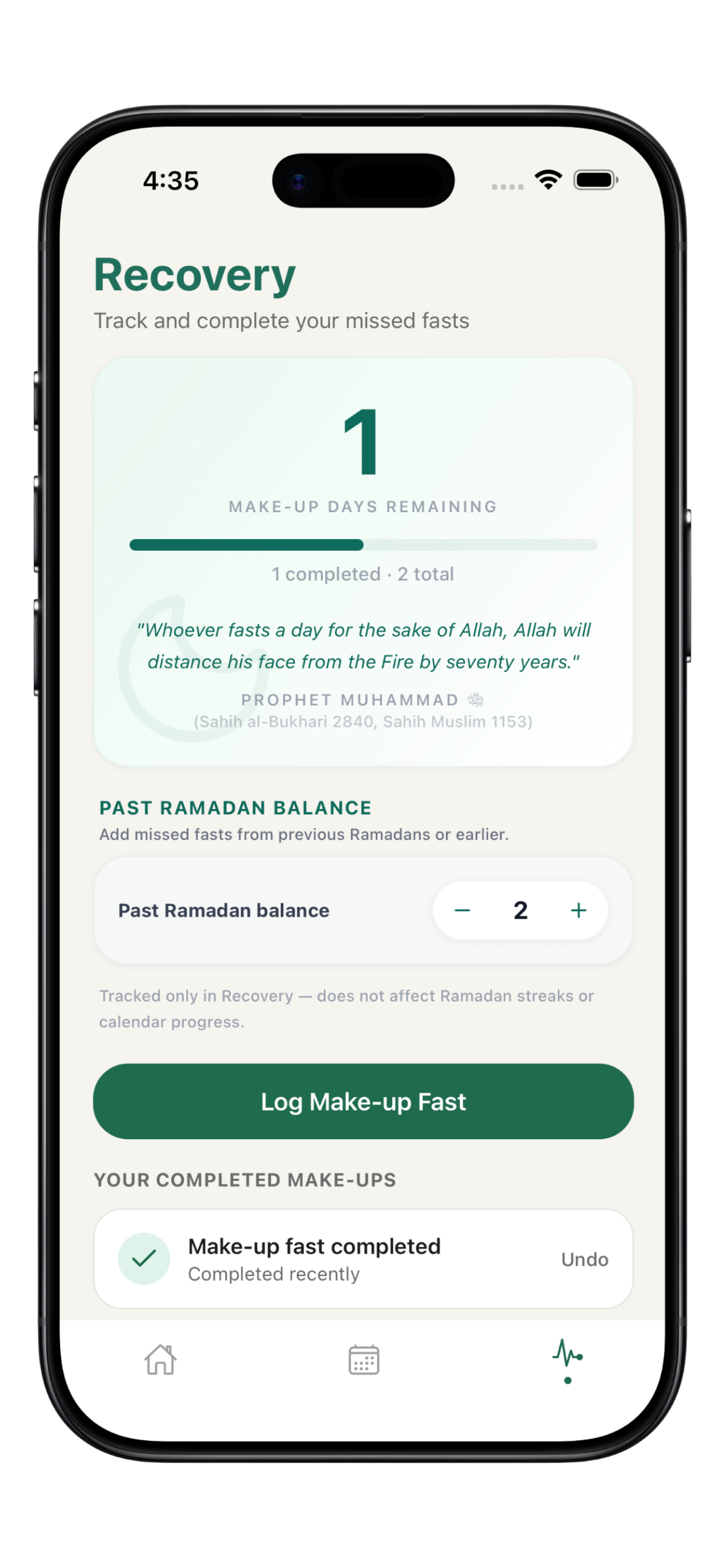 Recovery tab with make-up days remaining, past Ramadan balance, and a Prophet Muhammad quote